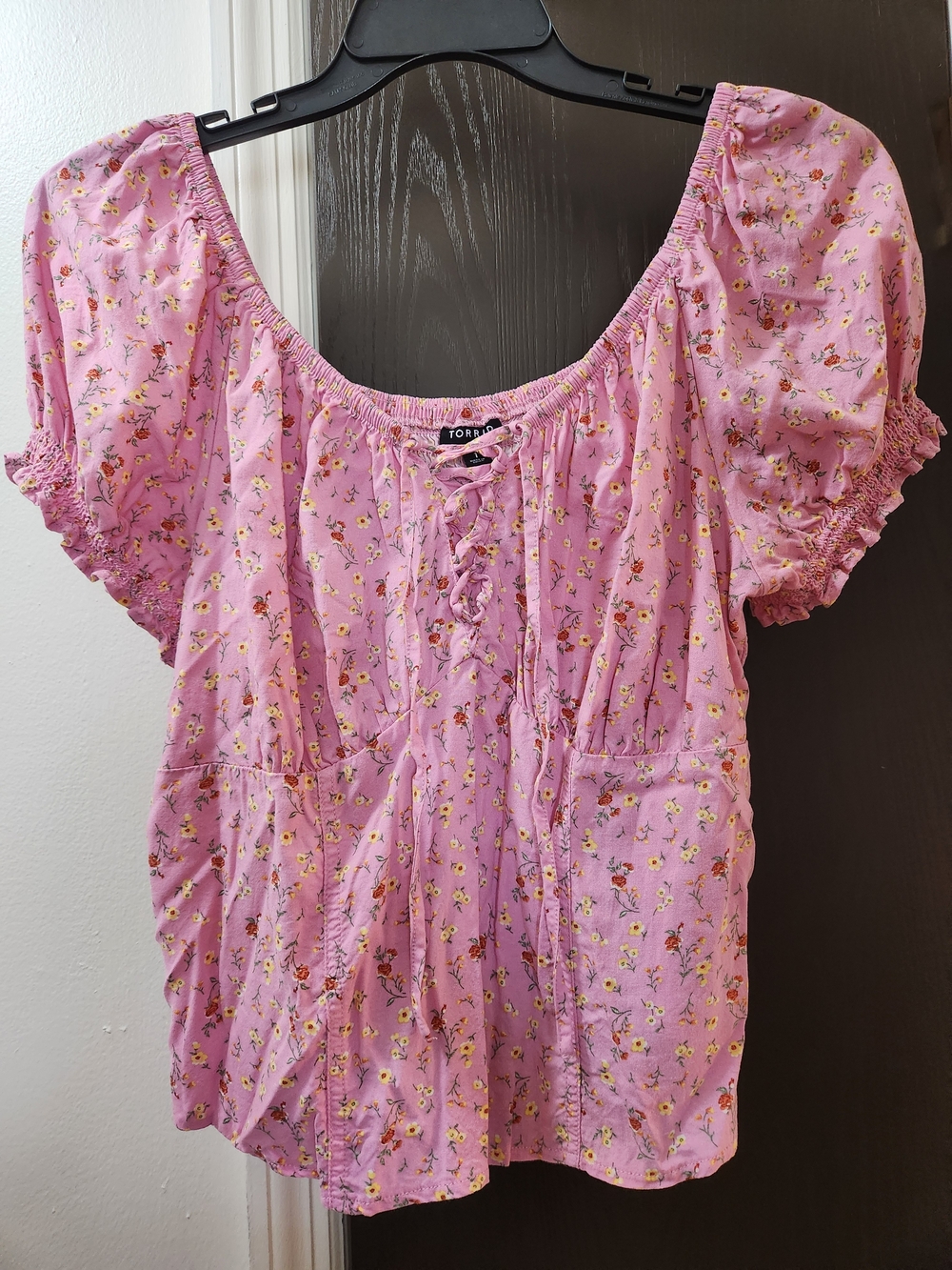 Torrid Pink Floral Lace-Up Peasant Top